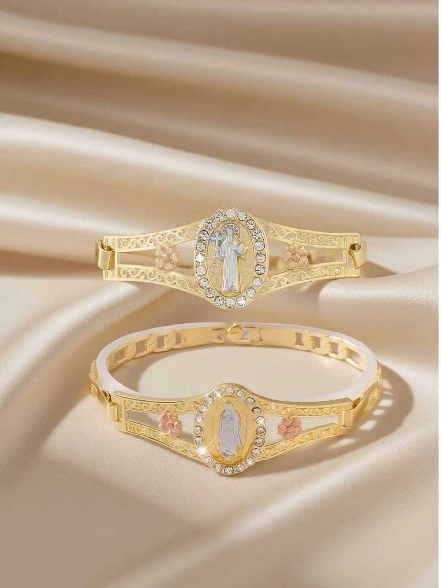 1pc Fashion & Simple Glitter Handpainted Colorful Virgin Mary & St. Benedict Bracelet, Suitable As Gift For Lovers, Friends, Daily & Festival Wear, Prayer - Yellow Gold - View 1