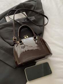 时尚纯色简约亮面PU手提包，适合购物、日常携带、年轻女性、大学生、年轻职业人士、办公室、学校、工作、商务、通勤、户外活动、旅行和短途旅行。 - 咖啡 - 查看 4