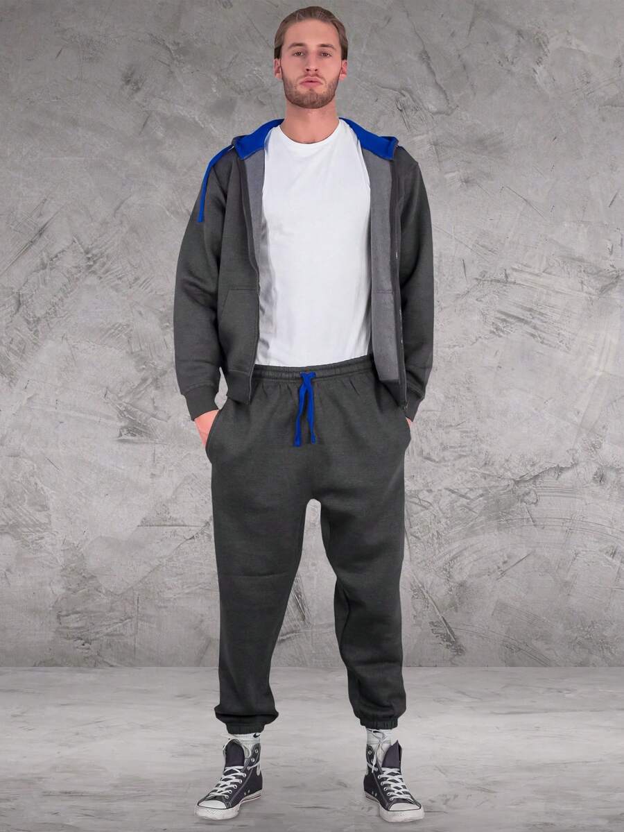 LoveMyFashions Men's 2pcs Set Tracksuit Full Sleeve Solid Color Drawstring Waist Zip Up Hoodie & Sweatpants Two Pieces Set With Pockets - Charcoal/Blue - View 1
