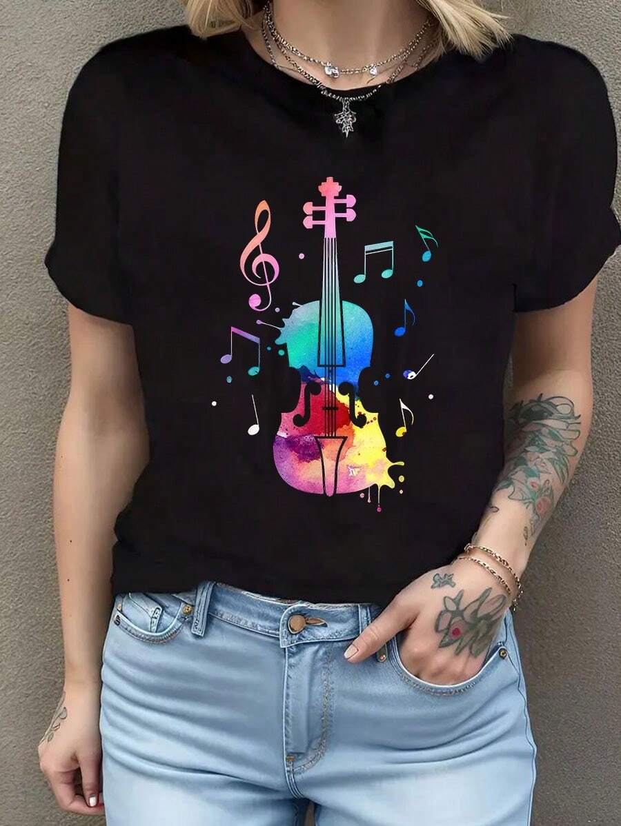 Camisetas divertidas de violinista para hombres y mujeres, camisetas casuales de moda, camisetas de cuello redondo a para mujer. Camiseta de manga corta de algodón de 220 g, impresión por una cara - Negro - Ver 1