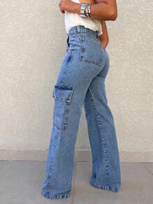 Kissmelady 555 Women's Cargo Jeans, Wide Leg, Plain, High Waist, Elegant - 中等水洗藍 - 查看 3