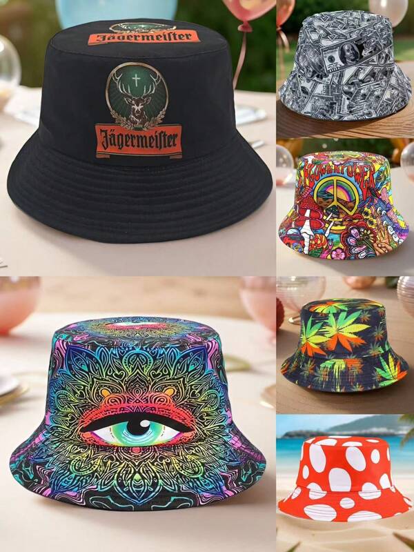 1 pieza Sombrero de cubo unisex con estampado de letras y ciervos, sombrero de pescador versátil y ligero para uso diario, fiestas y viajes al aire libre