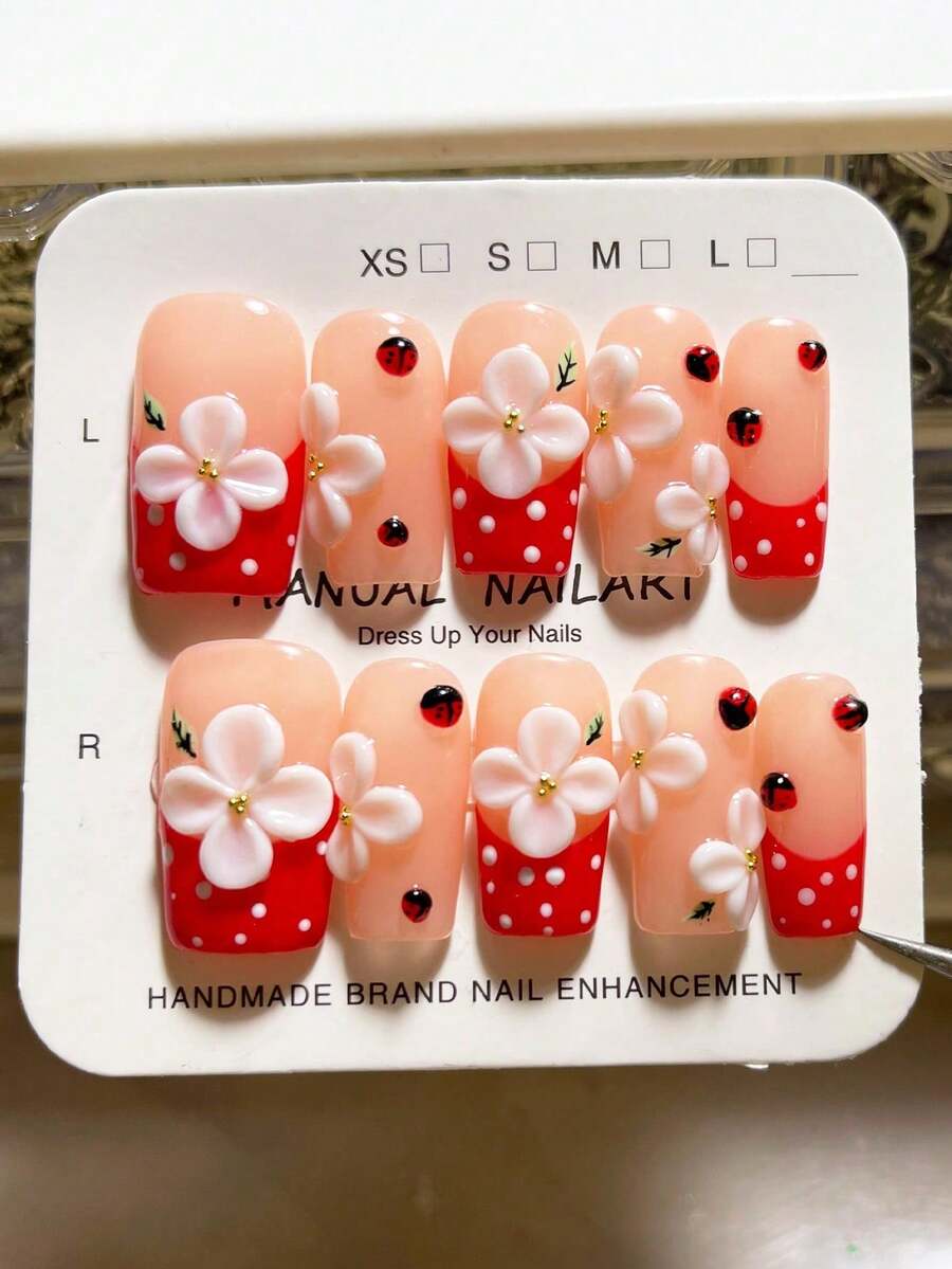 10pcs Nail Tips, Handmade Full Cover French Manicure In Square-Shaped Medium-Long Length, Cute Red Polka Dot French, 3D Hand-Painted Floral Design, 3D Insects, Natural Nude Base, 2.5cm Square Duck Mouth Shape, High-End Minimalist Vacation Style, 3D Carved Elegant Nails, Cute Hot Girl Nails, Suitable For Women And Girls For Daily And Party Wear, Full Cover Press-On Nails Long (Packaging Card Random) - Multicolor - View 1