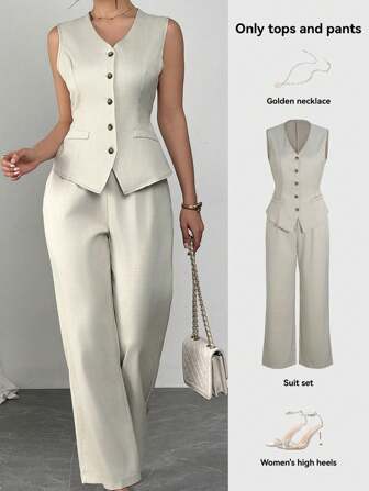 2025 European & American Women's Solid Color Casual Commuter Outfit, Sleeveless Single-Breasted Backless Tie Vest Paired With High Waist Wide Leg Pants, 2 Pieces Set
