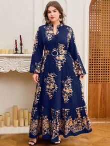 DEARCASE 春季大码优雅印花连衣裙 - 藏蓝色 - 查看 5