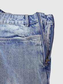 GLOURI Barrel Jeans For Women, Baggy Jeans - 2 In 1 High Waist Vintage Washed Denim With Faux Two-Layer Overlay Design & Side Zipper | Urban Explorer Pants For Weekend Street Style - 藍色 - 查看 5