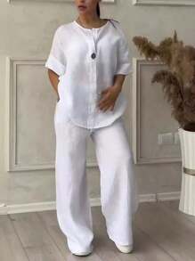 Women's Multicolor Cotton-Linen Suit 2025 Summer - V-Neck Long Sleeve & Long Pants - Camel - View 2