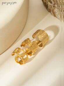 3 件不锈钢复古花卉和几何设计戒指，适合女性，日常佩戴，情人节、母亲节礼物