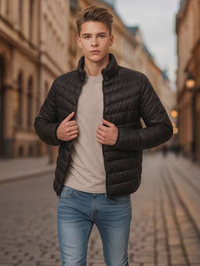  Chamarra para Hombre Tipo Puffer HPC Polo Afelpado Abrigadora, Casual, Básica, Sin Gorro, Estilo Juvenil y Moderno, Ideal para Invierno o Clima Frío