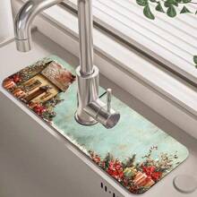 1pc/90pcs Winter, Houses In The Snow, Holly Leaves And Candy Canes Printed Faucet, Water-Absorbing Drying Mat, Retro Coffee Water-Absorbing Quick-Drying Mat, Rubber-Based Toilet And Kitchen Countertop Faucet Water-Absorbing Drying Mat, Suitable For Faucets Used In Offices, Commercial Farms And Homes, Decorative Store Kitchen Decorations