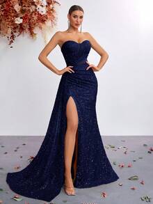 ADYCE 女士亮片心形领抹胸网纱拼接高腰长款开衩连衣裙，适合舞会、派对、正式晚宴、新年等场合 - 藏蓝色 - 查看 3