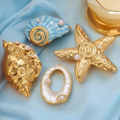 1pc Large Conch Starfish Shell Enamel Faux Pearl Golden Plated Charms Jewelry Making Materials For DIY Women Earrings Accessories