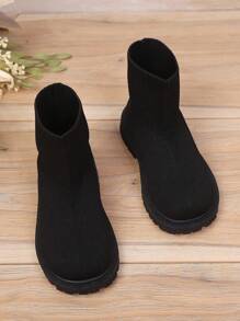 1 Pair Black Elastic Knit Toddler/Kids Leg Warmers, Round Toe Thick Sole Slip-On Design, Breathable Mid-Calf Boots, Suitable For 3-12 Years Old Girls, Casual Indoor/Outdoor Wear, Autumn/Winter New