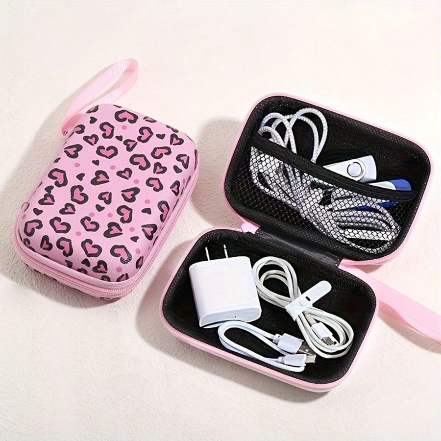 1pc EVA Fashion Cute Floral Print Handheld Digital Accessories Storage Bag Suitable For Cables Earphones Chargers And Other Digital Accessories Portable Protective Case Leopard Print Cheetah Print Charger Case Power Bank Phone Charger Digital Camera Accessories