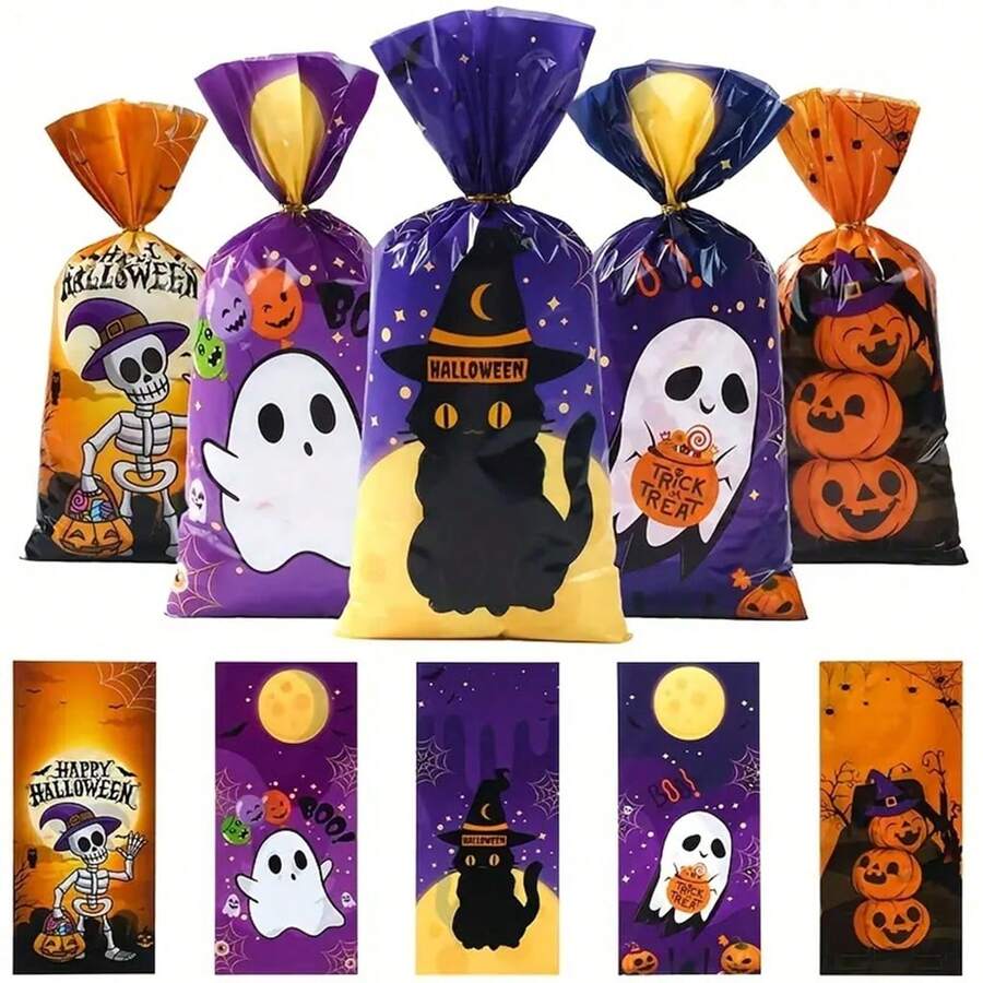 50pcs Halloween Candy Bags With Black Cat, Ghost, Skull And Pumpkin Patterns, Party Favor Bags With Gold Twist Ties, Halloween Treats, Happy Halloween Gift Bags, Halloween Party Supplies, Halloween Home Decor - Multicolor - View 1