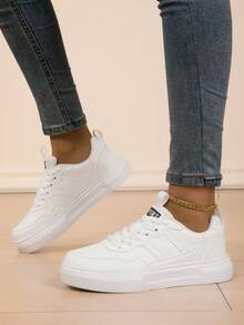 Women's Low-Top Lace-Up Casual Sneakers - Fashionable Side Stripe Design - Stylish & Lightweight - Suitable For Daily Wear - White - View 3