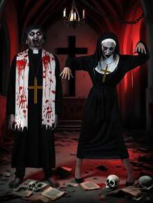 Zombie Priest And Nun Costume Set - Lncludes Robe, Plastic Cross, Stickers, Face Painting, Halloween Adult Costume For Costumes Party, Suitable For Carnival. Halloween Demon Exorcist Party Role Play - Multicolor - View 1