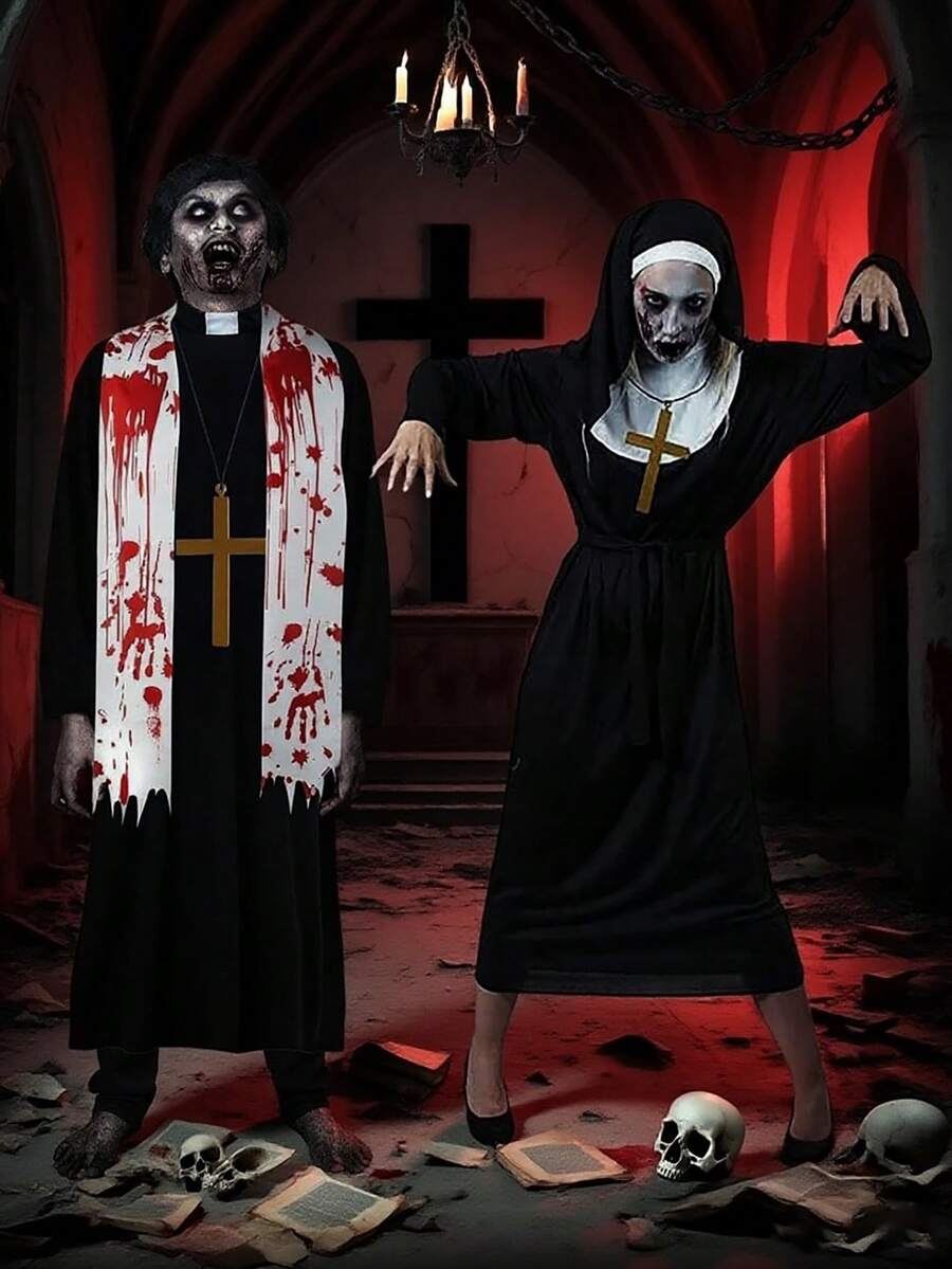 Zombie Priest And Nun Costume Set - Lncludes Robe, Plastic Cross, Stickers, Face Painting, Halloween Adult Costume For Costumes Party, Suitable For Carnival. Halloween Demon Exorcist Party Role Play - Multicolor - View 1