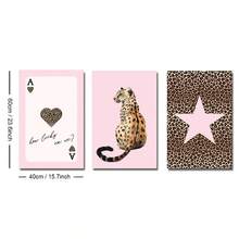 Set Of 3 Unframed Pink Leopard Playing Card Cheetah Star Preppy Art Poster Canvas Print Minimalist Y2K Luxury Girly Room Dopamine Decor Funky Painting For Dorm,Living Room,Bedroom,Modern Home Decoration