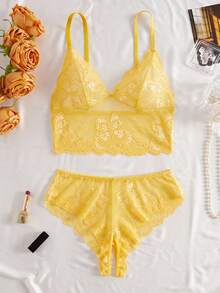 Women Sexy Butterfly Lace Lingerie Set Lace See-Through Top With Open-Crotch Underwear Adult Lingerie 2Pcs Set - Yellow - View 1