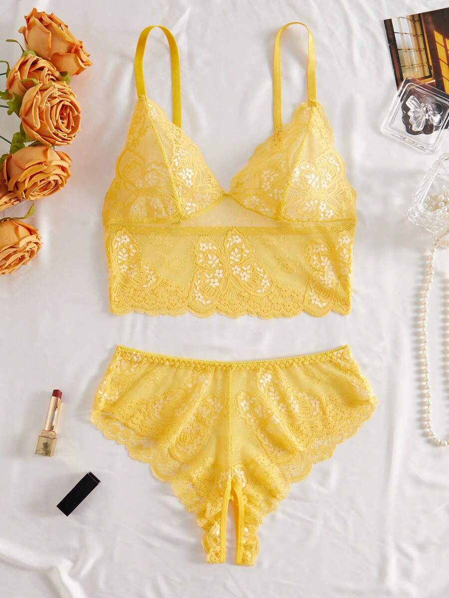 Women Sexy Butterfly Lace Lingerie Set Lace See-Through Top With Open-Crotch Underwear Adult Lingerie 2Pcs Set - Yellow - View 1