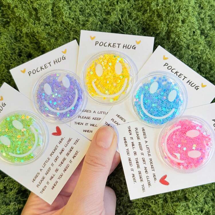 12 Stücke bunte Glitzer Fröhliche Gesichts Aufkleber für Pocket Hug Karten - sortierte funkelnde Farben, Kunststoff Cartoon Dekorationen, ohne Batterien, perfekt für Geburtstage, Valentinstag, Hochzeiten & Ermutigungsgeschenke, süße Aufkleber - Verschiedenfarbig - Übersicht 3