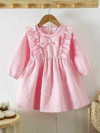 Baby Girls' Pink Bow Decor Long Sleeve Dress, Toddler Princess Heart Pattern Dress, Spring/Autumn New Arrival
