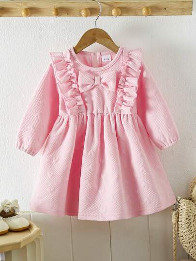 Baby Girls' Pink Bow Decor Long Sleeve Dress, Toddler Princess Heart Pattern Dress, Spring/Autumn New Arrival