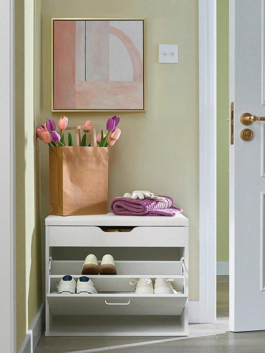 SoBuy FSR95-SCH, Hallway Shoe Rack Shoe Bench Shoe Cabinet With Folding Padded Seat & Flip-Drawer, Black - White - View 1