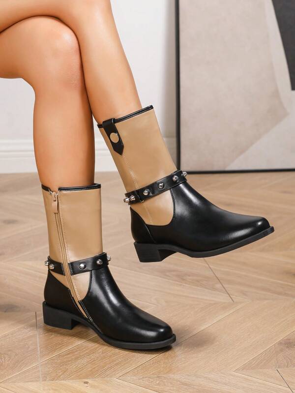 Women's Fashion Color Block Mid-Calf Boots, Contrast Color Riding Boots For Autumn/Winter, New Metal Buckle Decor Side Zipper Closure Commuting Ankle Boots, Versatile Short Boots, Round Toe Chunky Heel Casual Cowgirl Boots, Comfortable Winter Boots,Western Boots