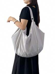 Bolso de hombro de gran capacidad con patrón de unicolor, bolso cruzado minimalista de estilo para mujer de vuelta al colegio, bolso de tela de nailon, bolso casual y práctico multiusos, adecuado para trabajo, estudio y viaje - Gris Claro - Ver 2