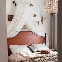 Elegant White Bohemian French Romantic Beaded Sheer Bed Canopy, Handmade Beaded Lace Headboard Curtain, Floral Ruffle Design With Stand Set, Cozy Bedroom Privacy Protection Curtain, Luxurious Jacquard Fabric, Polyester Curtain, Machine Washable, Bedding