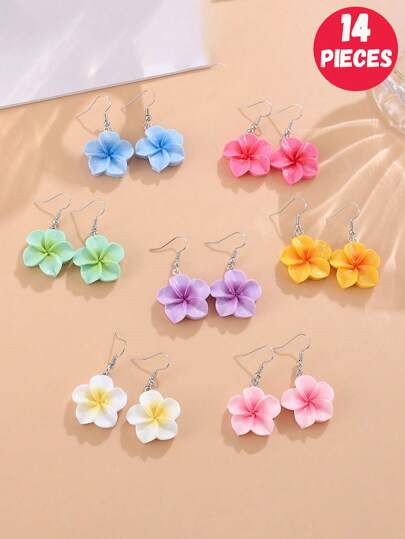 14pcs.8pcs/6pcs/2pcs Youth Casual And Fashionable Resin Flower Earring Set, Vacation Earrings, Available In Multiple Colors, Suitable As A Gift For Girls And Friends