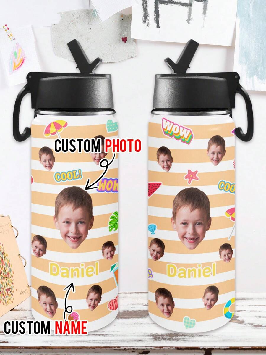 1pc Personalized Water Bottles Tumblers With Straw Lid For For School, Custom Water Bottle With Photo Picture Text, Custom Insulated Stainless Sport Bottle With Name, Stainless Steel Insulated Sport Water Bottle With Straw Lid & Handle, Customized Cup Gifts For Men Women Birthday Anniversary Christmas, Back To School Gifts For Student Assistant Teacher, 18 OZ
