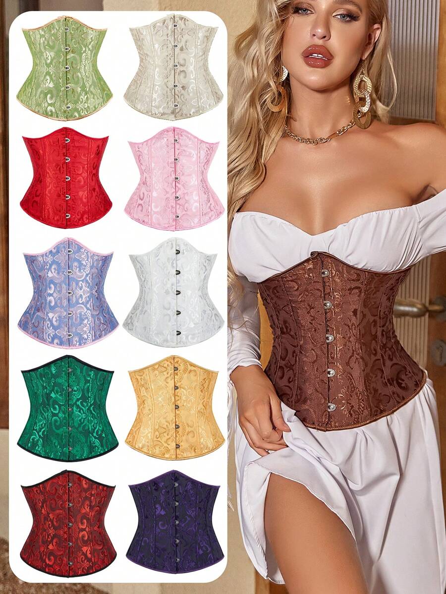 Vintage Jacquard Lace-Up Back Fishbone Corset Bustier Top, Fashionable Outerwear Waist Cincher Bodysuit, New Year Party, Valentine's Day, Holiday Tops, St. Patrick's Day Outfit, Halloween Costume