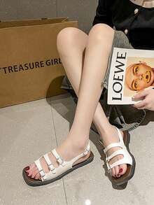 2025新款法国高端露趾平底凉鞋，软底搭扣复古时尚罗马鞋，夏季仙女风沙滩舒适镂空搭扣套脚平底凉鞋，百搭（尺码偏小），圣诞派对平底凉鞋 - 米色 - 查看 3