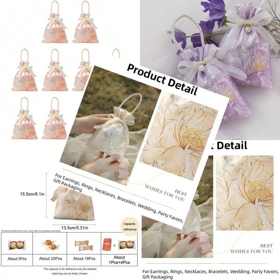 10PCS Wedding Candy Bags HighGrade Flower Cloth Bag For Weddings Portable Little Red Book Style Candy Box 6.1 X 5.3 Inches
