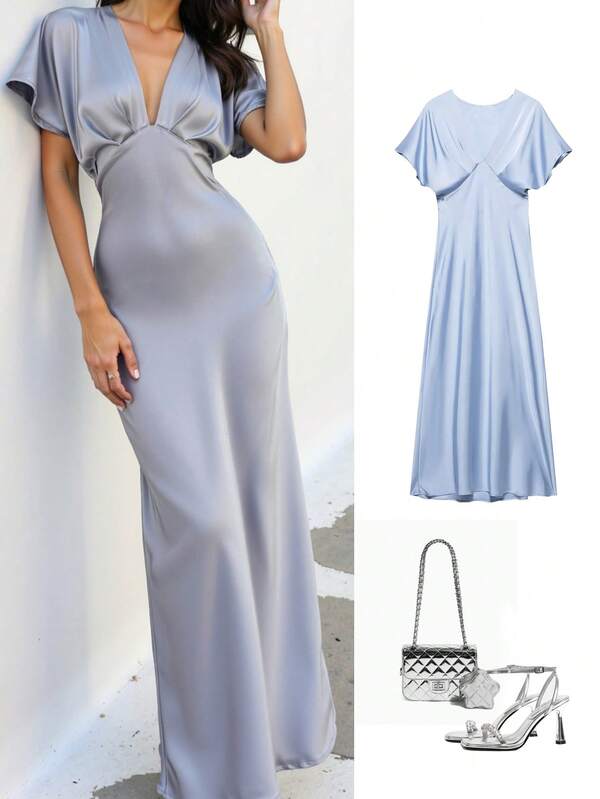 Women's Summer Fashion New V-Neck Waist Fitted Silk-Like Satin Boho Vacation Dress