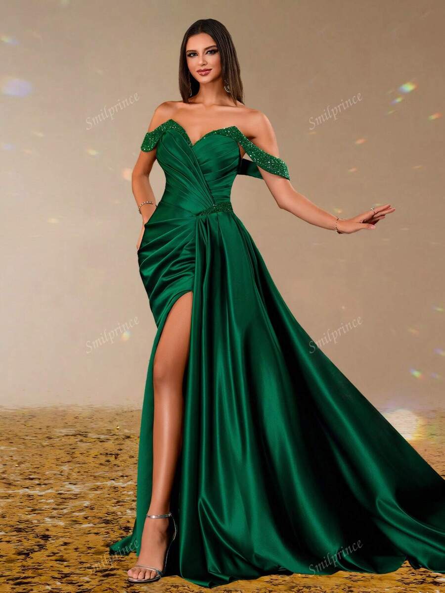 Emerald Green Satin Off Shoulder Evening Dress, Sexy Slit Formal Gown For Women, Glitter Strap Draped Bodycon Prom Dress, Elegant Long Dress For Party, Gala, Wedding Guest
