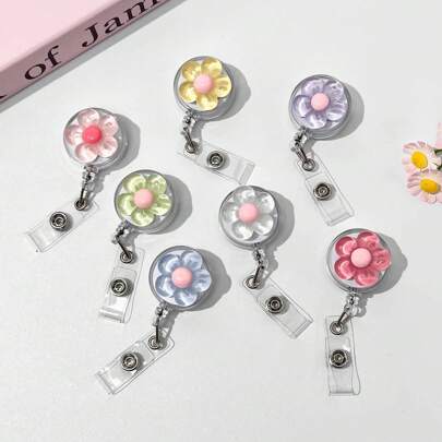 1/2/7pcs Retractable 5-Petal Flower Badge Holder, Cute Resin Flower Expandable ID Card Clip, Nurse Card Holder, Lanyard For Doctor, Nurse, Student, Girl, Work ID Badge Reel