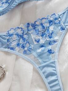 Style Dream 女士性感内衣，蓝色网纱，超薄，花卉拼接，刺绣，模压，甜美，两件套：文胸+丁字裤，清爽浅蓝色 - 藍色 - 查看 5