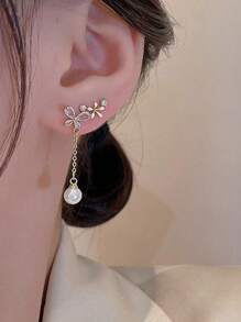 1pair Exquisite Stainless Steel Cubic Zirconia Butterfly & Faux Pearl Decor Drop Earrings For Women For Gift