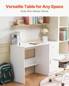 Small Desk With Drawer, Kids Desk For Bedroom, Wooden Simple Study Table For Drawing, Reading, Writing, Rectangle MDF Study Storage Table With Adjustable Shelf For Home, Office, White - White - View 2