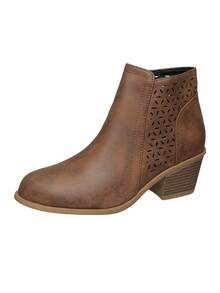 Botines cortos de mujer talla grande para otoño 2025, estilo clásico americano occidental, versátil, para ir al trabajo, de cuero, color marrón sólido, con diseño calado, tacón grueso, tacón medio, cremallera lateral, botines de tobillo