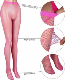 3 Pair Plus Size Fishnets Stockings Glitter Sparkly Tights High Waist Black Fishnet Pantyhose Women, Style NJXP - Màu Hồng Tươi - Xem 7