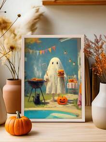 1张浴室里的鬼魂和黑猫海报，搞笑厕所幽默印刷品，怪诞可爱的墙面艺术，夏季万圣节鬼魂烧烤海报，可爱的鬼魂和黑猫一起烧烤，鬼魂和黑猫“不给糖就捣蛋”海报，异想天开的万圣节墙面艺术，鬼魂和猫咪墙面艺术，秋季万圣节，卧室装饰，客厅装饰，办公室装饰， - 彩色 - 查看 4