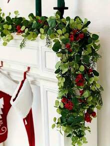 1pc Bohemian Artificial Wreath - Indoor/Outdoor Holiday Decoration With Lush Green Plastic Plants & Red Berries, No Feathers/Lights, Multi-Holiday Decor For Halloween, Thanksgiving, Christmas, Festive Home Accent, Natural Festive Look, Berry Embellishments, Outdoor Ornament, Rustic Charm, Durable Material, Seasonal Decorators - Multicolor - View 3