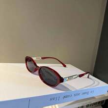 1pc 90s Vintage Oval Red Fashion Fashion Glasses, Metal Temples & PC Frame Design - Perfect Summer Accessory, Providing Elegant Retro Style For Summer Beach Vacation,Outdoor,Travel - 彩色 - 查看 3