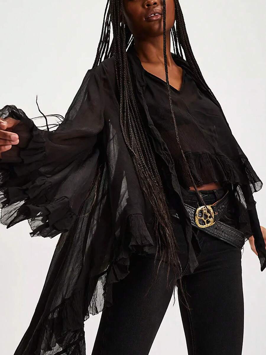 Women's Ruffled Tops Bow Tie Design Long Sleeve Peplum Lace Trim Chiffon Shirt Sheer V Neck Boho Ruffle Beach Blouse - 黑色 - 查看 1