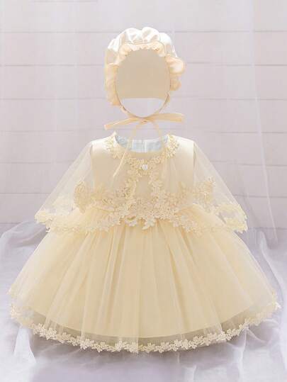 0-2岁女婴3件套蕾丝连衣裙，白色洗礼长袍，适合角色扮演派对